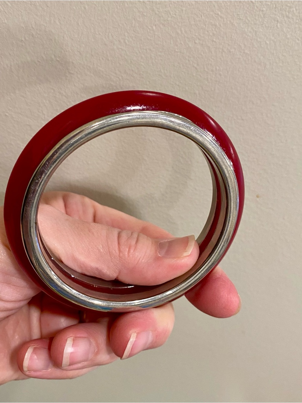 Vintage Red Plastic Bracelet with Metal Inlay